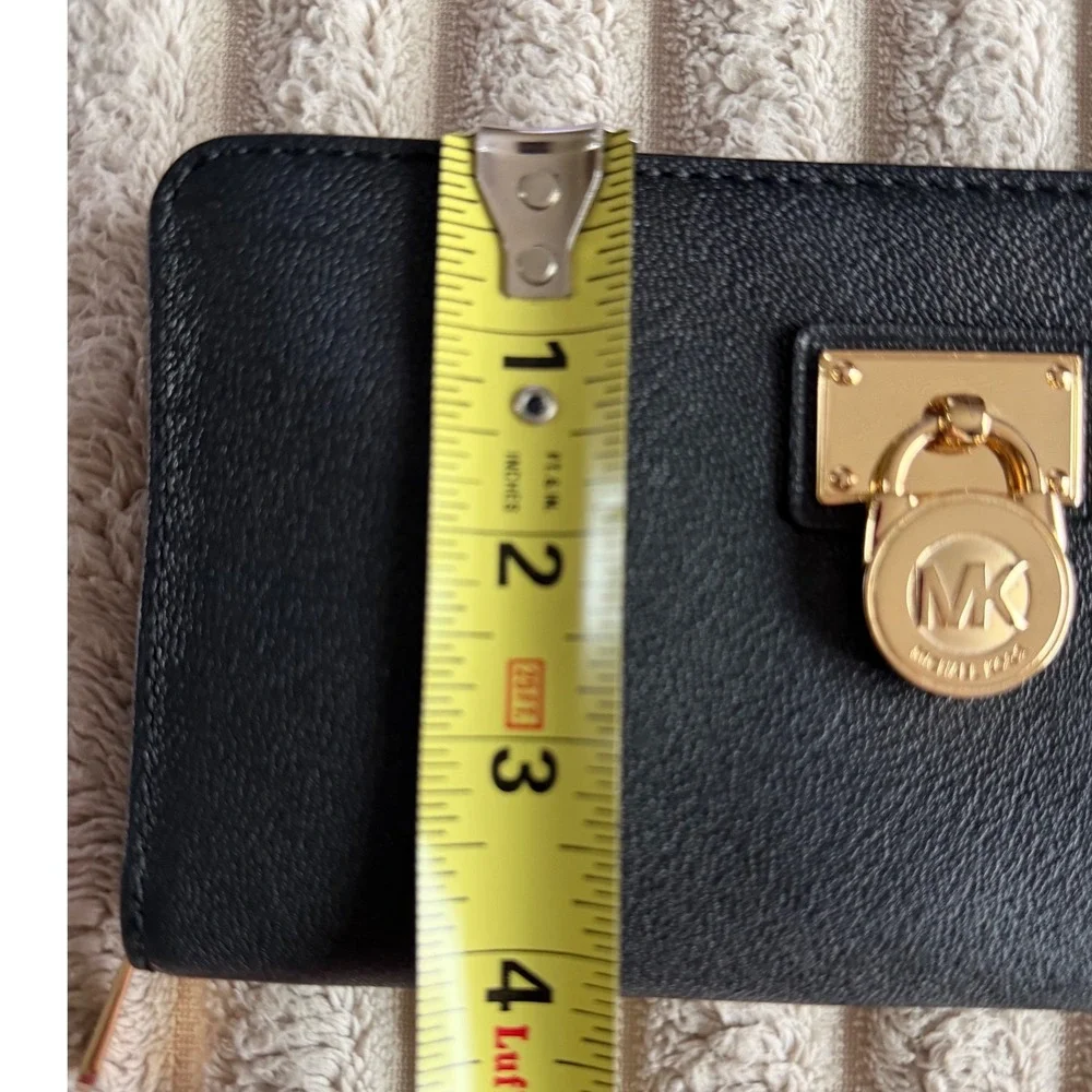 Michael Kors Hamilton Black Pebbled Leather Zip Around Wallet Gold Padlock